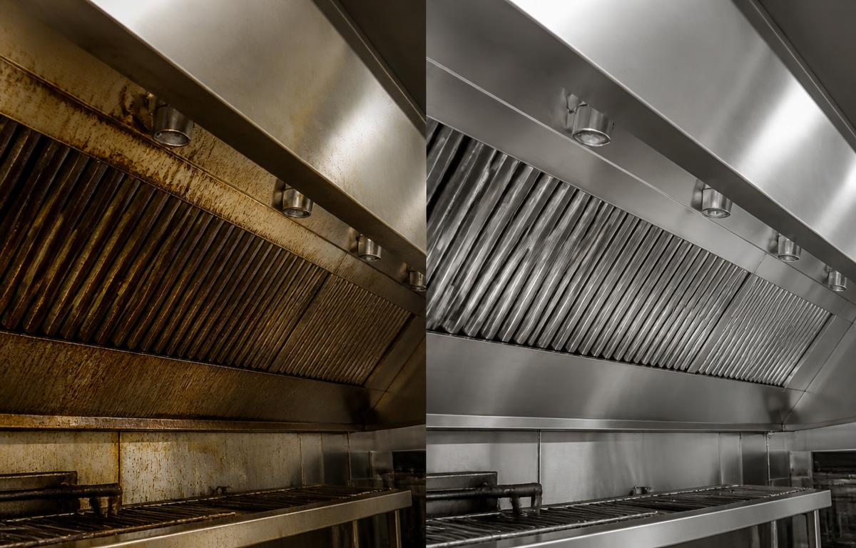 Representative side-by-side example of a grease-coated commercial canopy interior before cleaning and cleaned stainless steel after cleaning