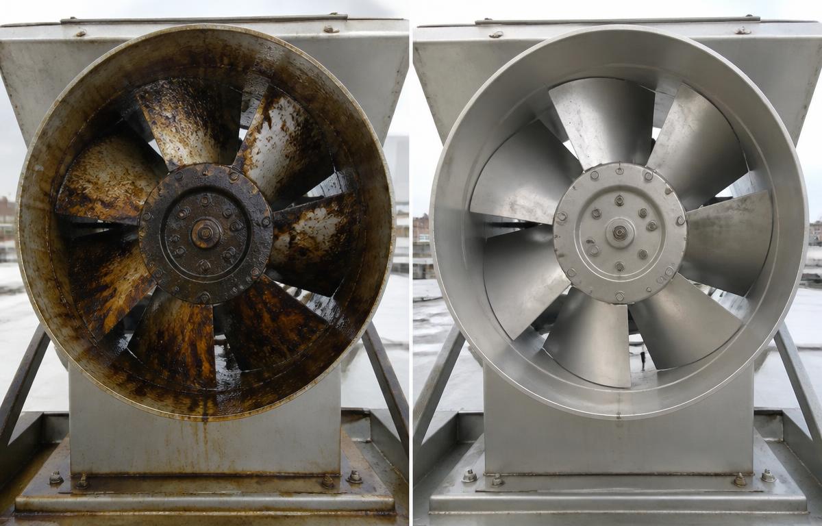 Representative side-by-side example of a greasy commercial exhaust fan housing before cleaning and the cleaned fan after cleaning