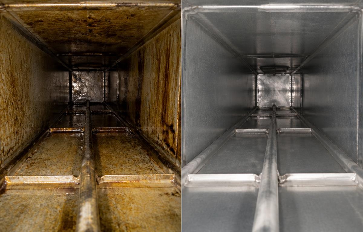Representative side-by-side example of grease buildup inside an accessible exhaust section before cleaning and the cleaned metal interior after cleaning