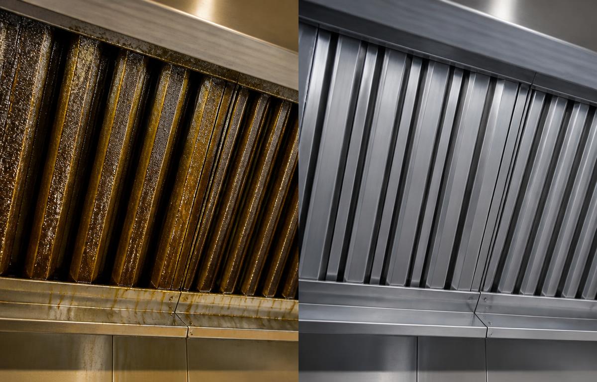 Representative side-by-side example of grease-covered commercial baffle filters before cleaning and clean stainless steel filters after cleaning